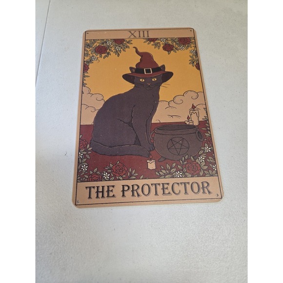 Witchy Black Cat Tarot Card Metal Sign "The Protector" XIII Gothic Wall Art - Picture 1 of 6
